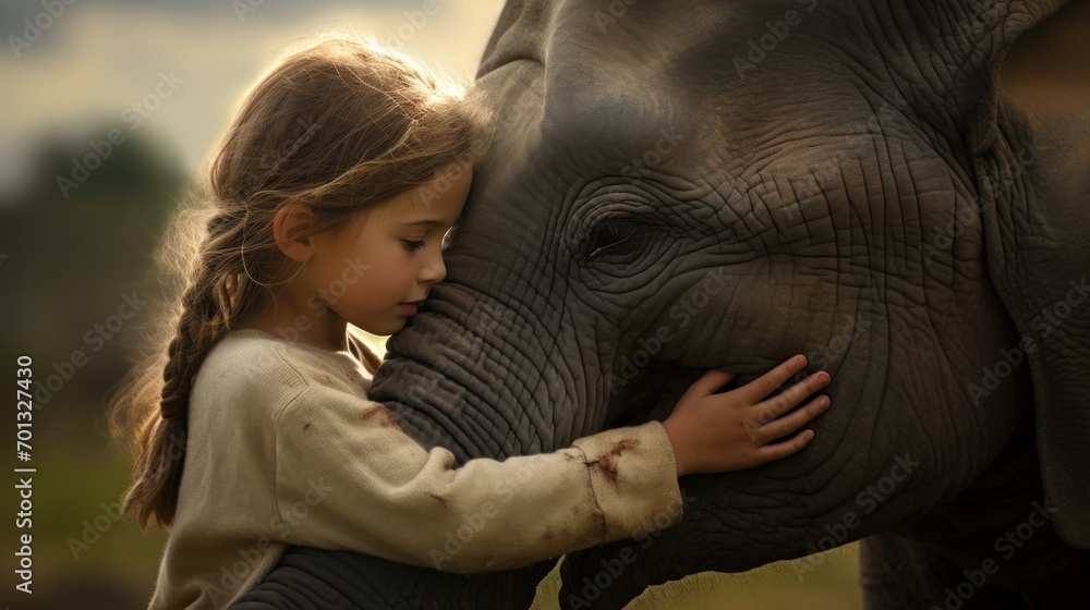 Aufkleber a little girl touching an elephant's face with it's trunk while it's head is touching it's trunk.