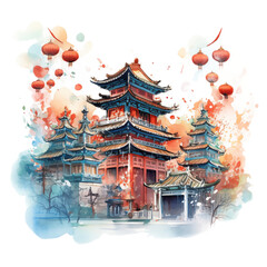 Pagoda watercolor illustration - Asia, Japan, China