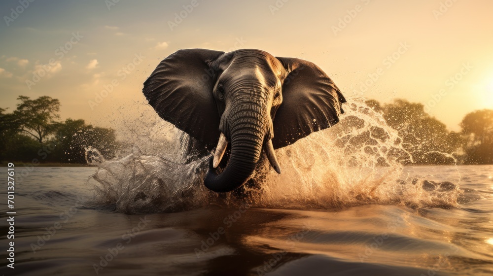 Poster an elephant splashing in a body of water with the sun in the background and trees in the foreground.