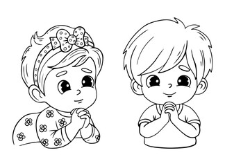 Portraits cute praying children girl and boy. Vector illustration. Isolated outline hand drawings. Religious believer little child character. Kids collection.