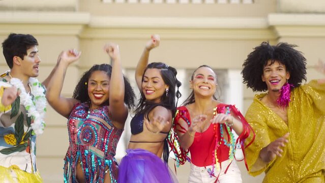 Carnival Festivities Unite Friends in Dance, Brazilian Street Party Full of Life, Costumes, and Smiles