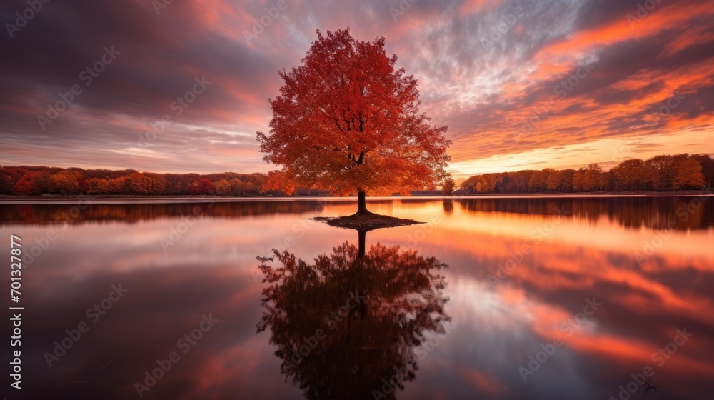 Poster a tree in the middle of a body of water with a sunset in the background and clouds in the sky.