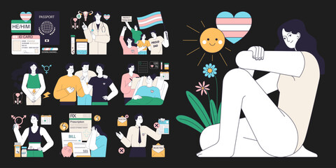Gender transition consequences set. Gender-affirming therapy, positive and negative experience. Transgender person mental health, legalization, infertility and discrimination. Flat vector illustration - obrazy, fototapety, plakaty