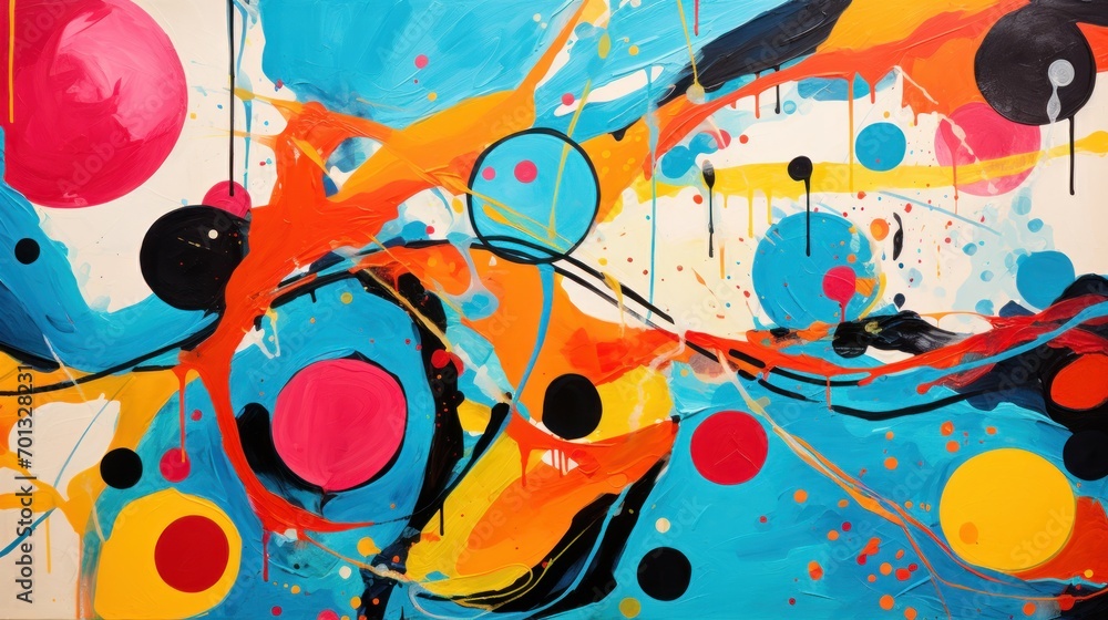 Poster a painting that is very colorful and has circles and dots on the bottom of the painting and on the b