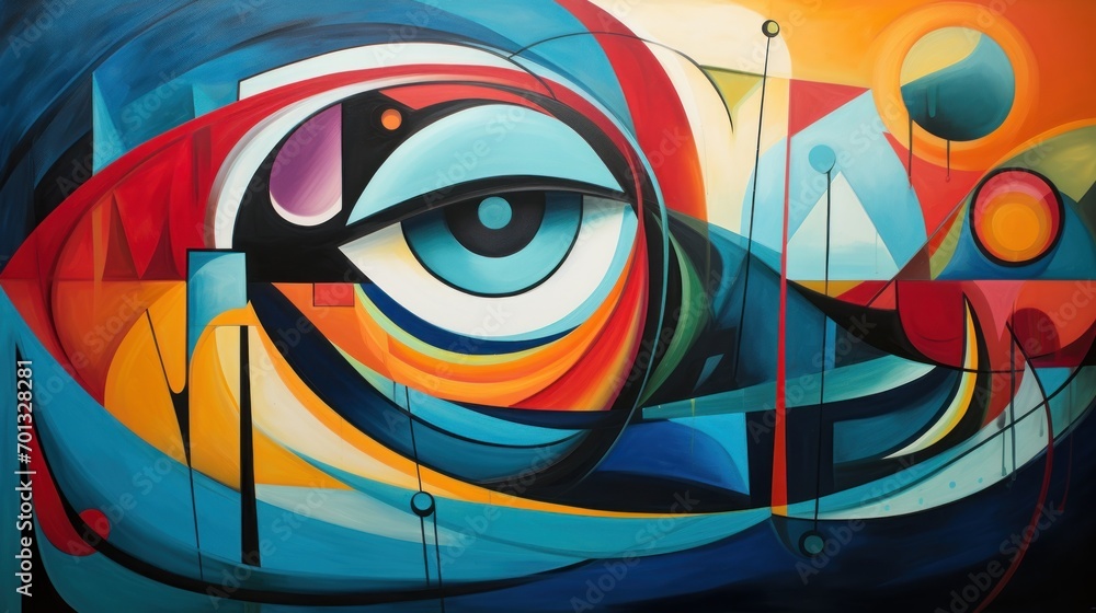 Poster a close up of a painting on the side of a building with a large eye on the side of the building.