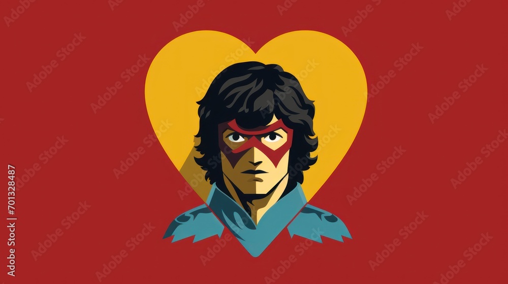Aufkleber a picture of a man with a heart on his face and a red background with a yellow heart in the shape of
