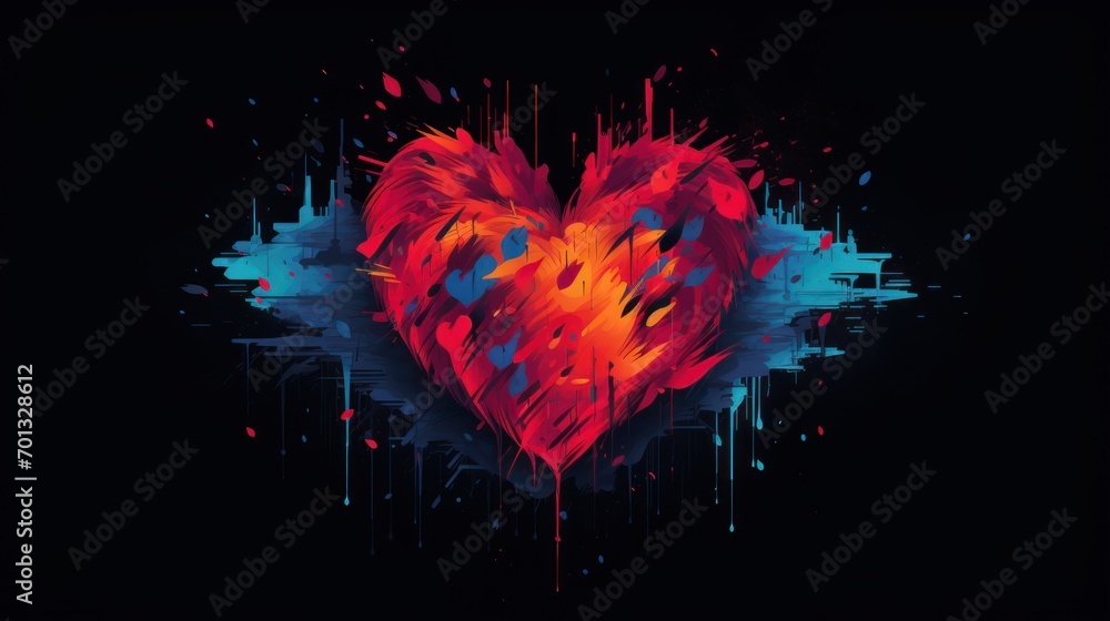 Poster a red heart on a black background with paint splattered all over it and splatters all around it.
