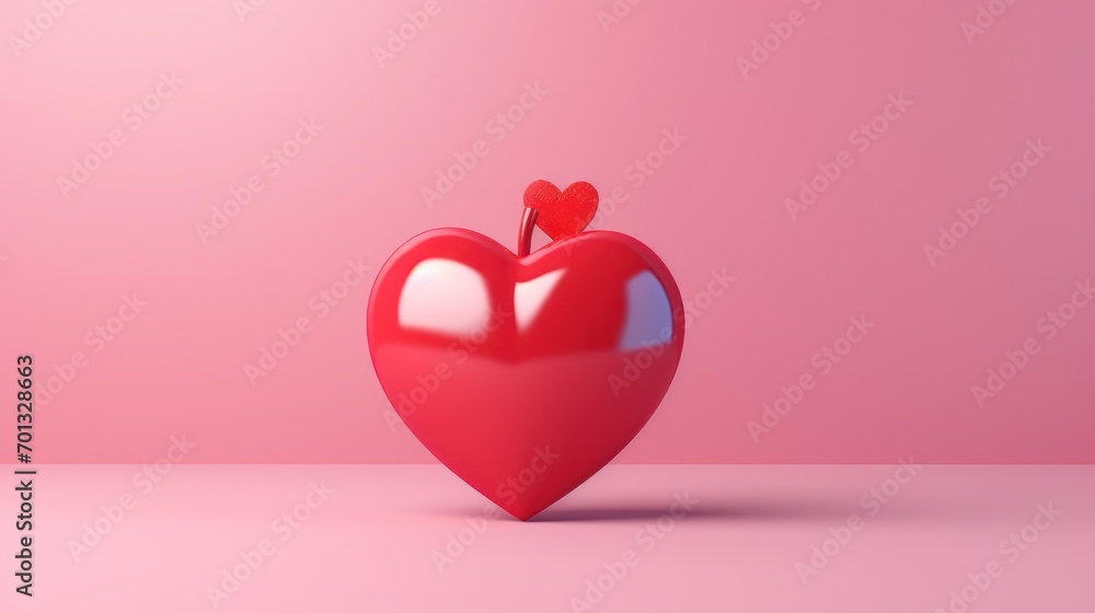 Poster a red heart shaped object sitting on top of a pink surface with a heart shaped object on top of it.