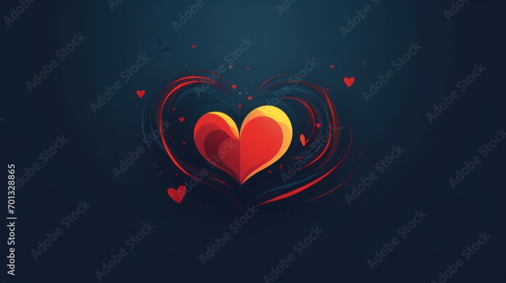 Poster two hearts in the shape of a heart on a dark background with red and yellow swirls in the shape of a