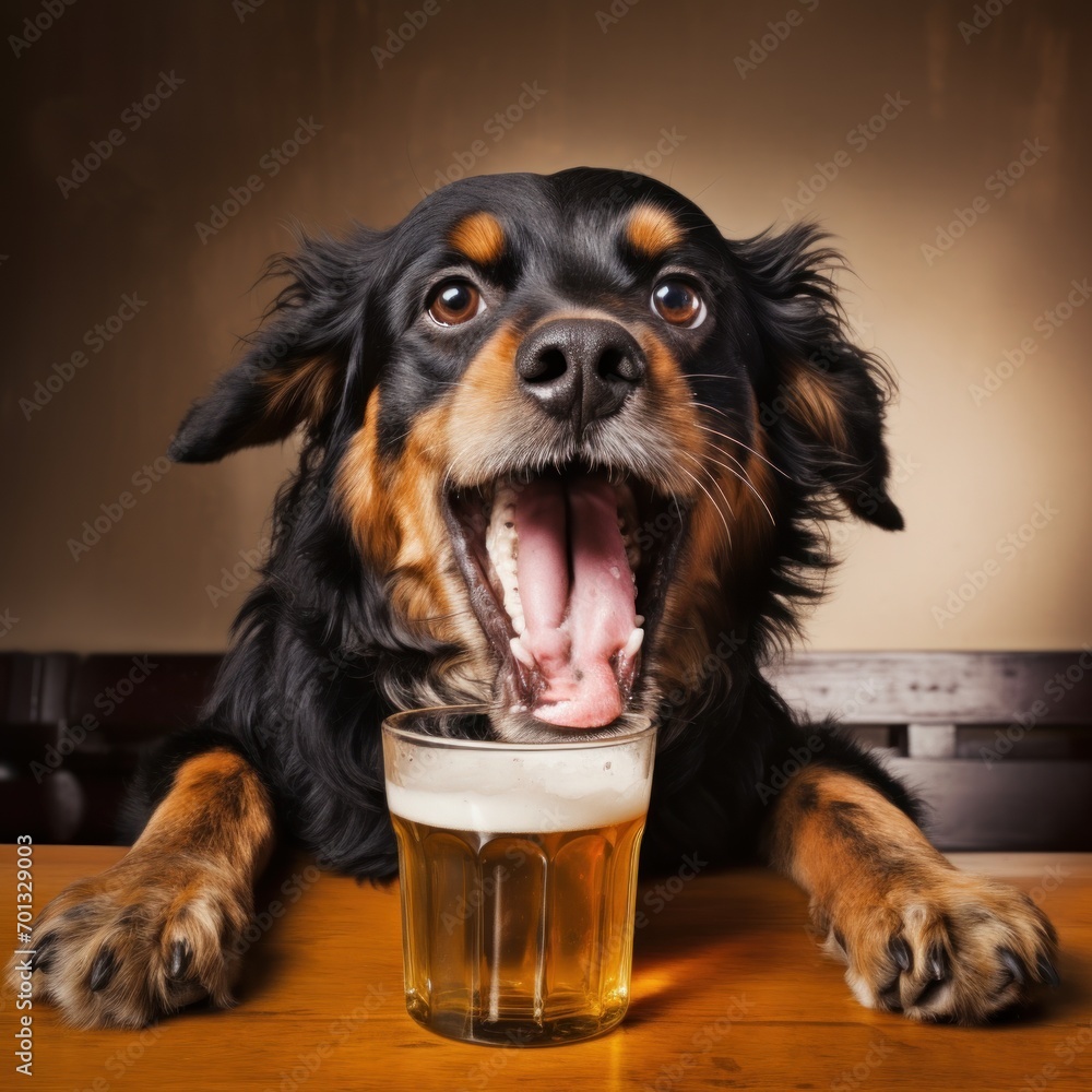 Poster a close up of a dog with its mouth open and a glass of beer in front of it on a table.