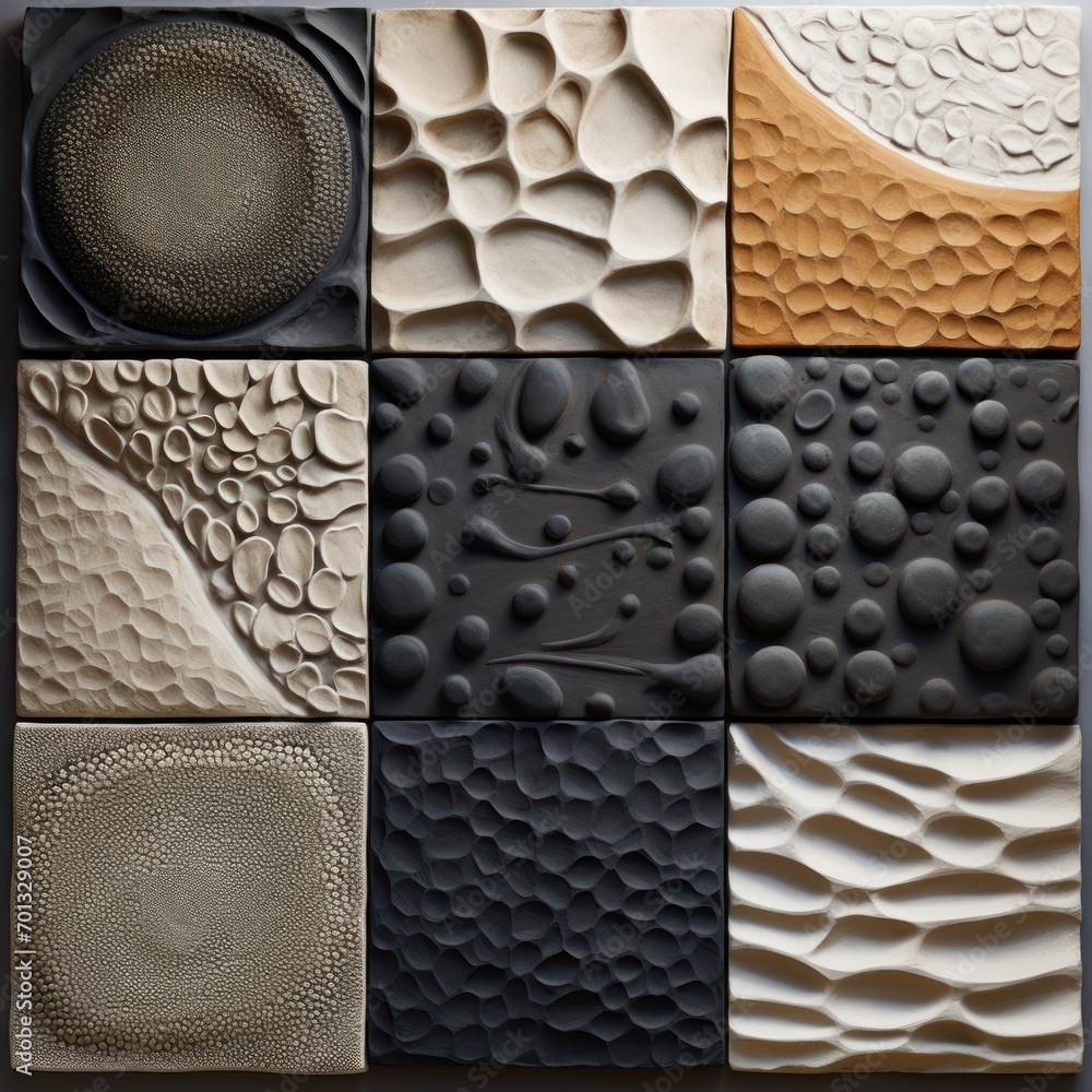 Poster a collage of different shapes and sizes of ceramic tiles with different colors and shapes of differe