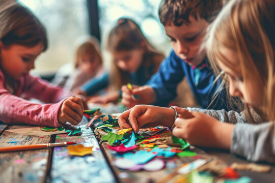Group of children during a fun arts and crafts activity at school