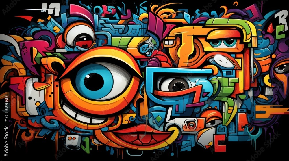 Poster a drawing of an eye surrounded by many different types of letters and numbers on a black background 