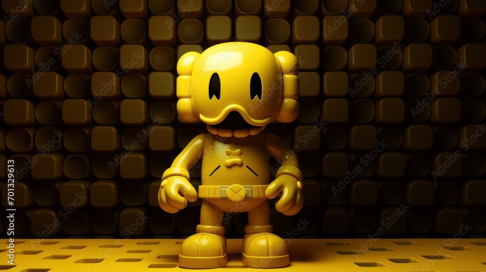Aufkleber a yellow robot is standing in front of a wall of brown bricks and a yellow floor is in front of it.