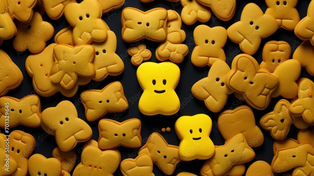 Poster a close up of a bunch of cookies with different shapes and sizes of cookies in the shape of bears.