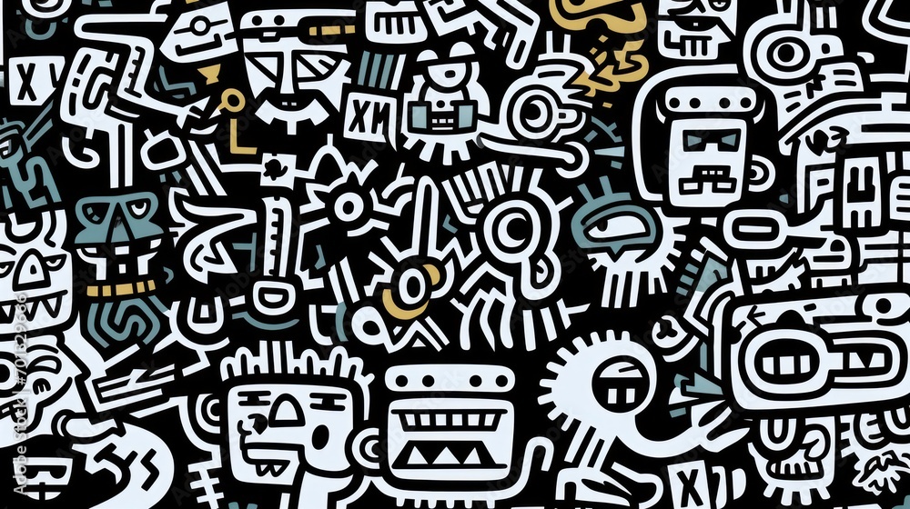 Poster a black and white abstract painting with a lot of different shapes and sizes of letters and numbers 