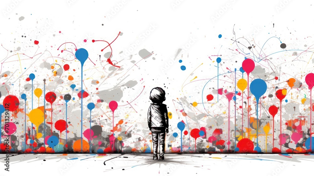 Poster a person standing in front of a wall with a bunch of balloons painted all over it and a person stand