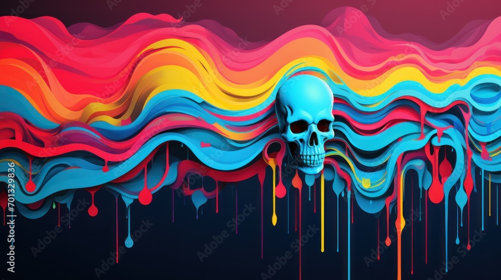 Poster a painting of a skull in front of a multicolored wave of paint on a black background with dripping d
