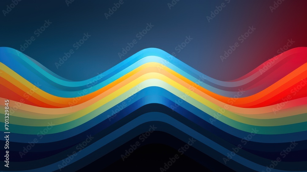 Poster a multicolored wave of wavy lines on a black background with a blue sky in the middle of the image.