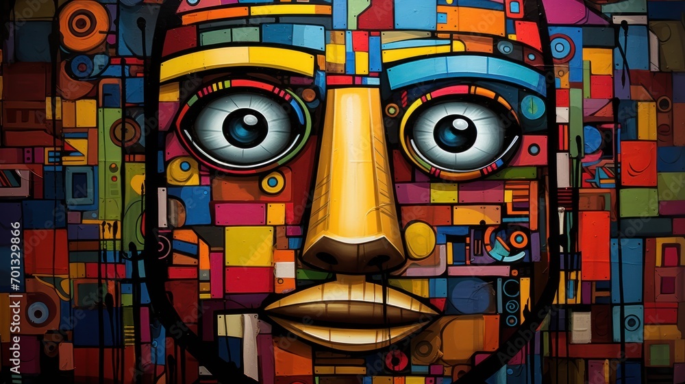 Poster a close up of a person's face with many different colored squares on it and a clock in the backgroun