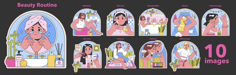Beauty routine set. Daily self-care activities from skincare to makeup. Ten steps for personal grooming rituals. Joyful self-care moments with diverse beauty treatments. Flat vector illustration