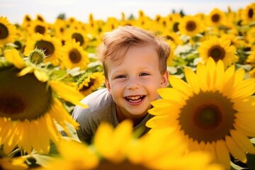 Happy little boy playing in a field of sunflowers