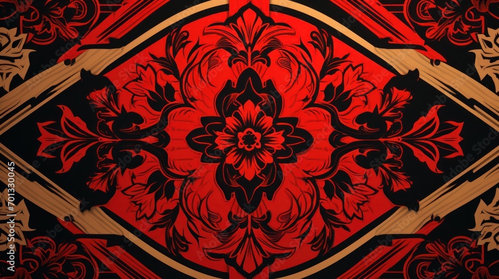 Poster a close up of a red and black wallpaper with a design in the middle of the image and a gold border a