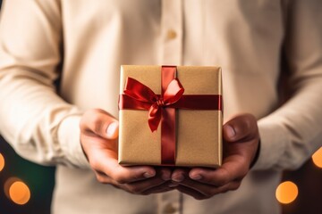 Young man holding giftbox with gift ribbon bow
