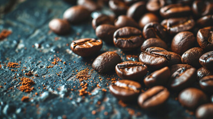 Image of fresh roasted coffee beans with minimalistic concept and copy-space on the side.