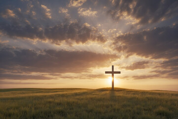 Holy Christian cross on the top of a hill at sunset and dawn in the rays of the sun. Easter Sunday...