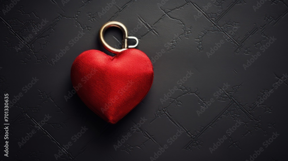 Poster a red heart with a golden ring hanging from it's side on a black background with a pattern of stars.