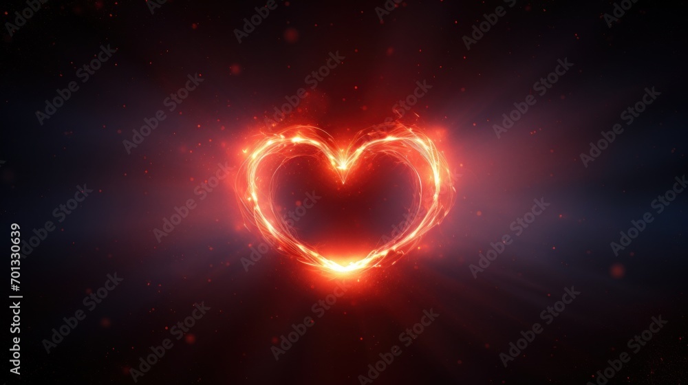 Poster a heart shaped object in the middle of a dark background with a bright light coming from the center 