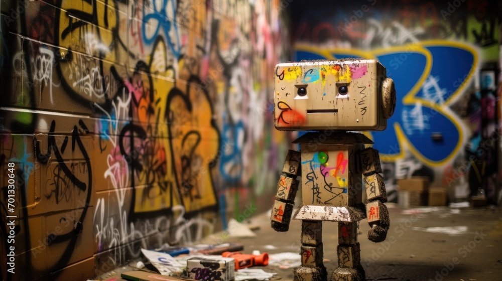Poster a little robot that is standing in front of a wall with grafitti on it's face and chest.