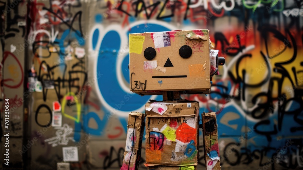 Poster a cardboard robot that is standing in front of a wall with graffitti and spray paint all over it.
