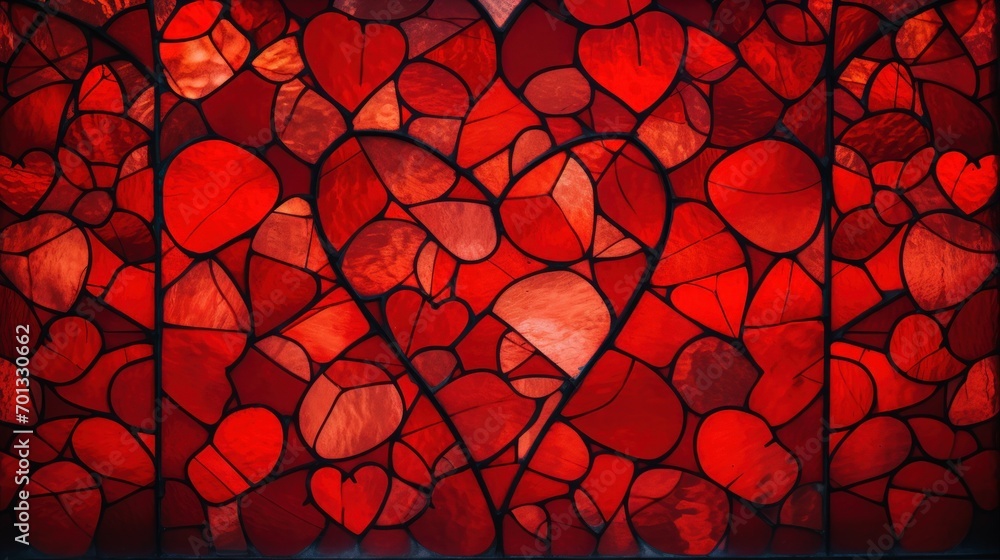 Poster a close up of a stained glass window with many hearts in the center of the window and a heart in the