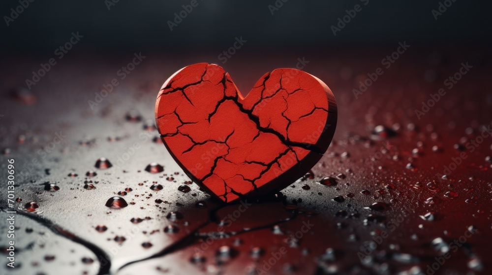 Aufkleber a broken heart on a wet surface with drops of water on the floor and a black background with a red b