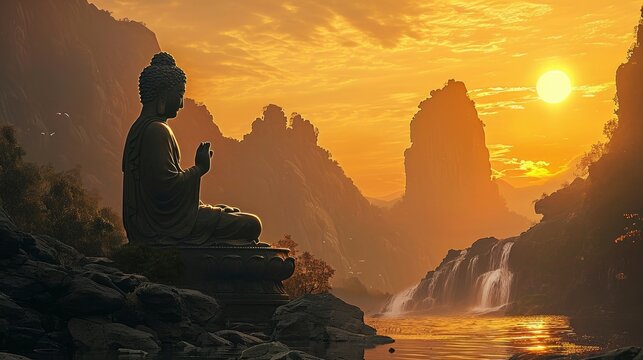 landscape extreme great buddha, sunset, mountain waterfall.