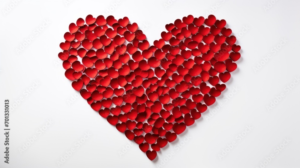 Poster a heart made out of red hearts on a white background with a shadow of the heart on the left side of 