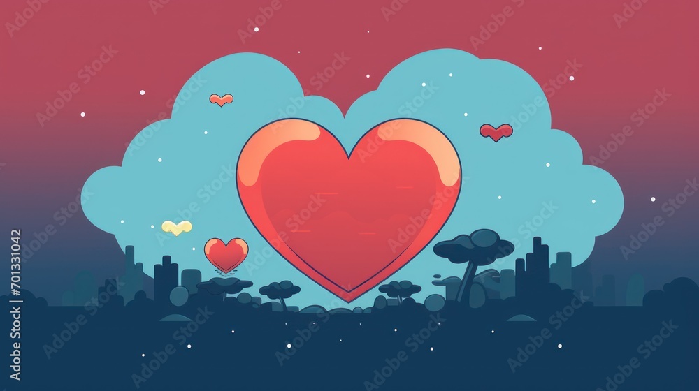 Poster a red heart in the sky with clouds and trees in the background the heart is in the center of the ima