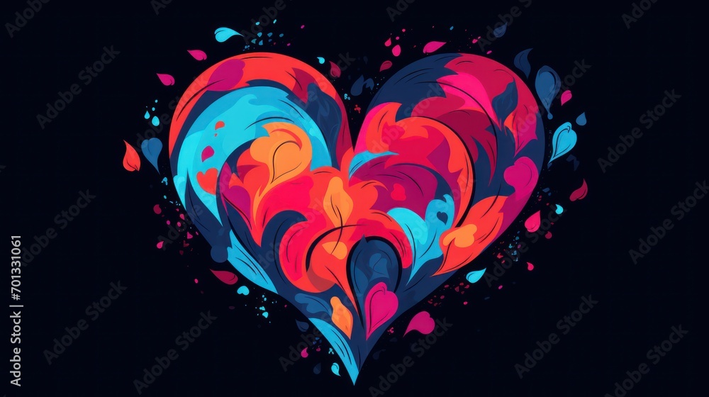 Poster a colorful heart on a black background with a splash of paint in the shape of a heart on the left si