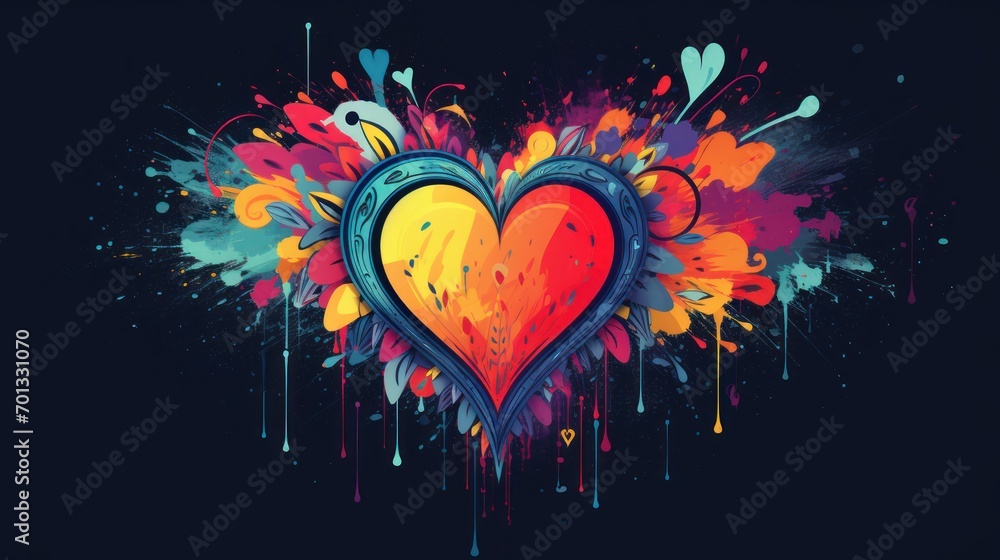 Poster a heart with colorful paint splatters and splatters on the side of the image, with a black backgroun