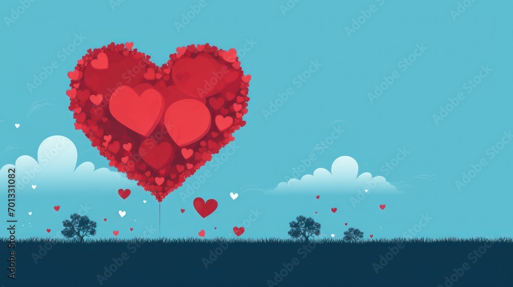 Poster a heart - shaped balloon floating in the air with trees and clouds in the background with a blue sky