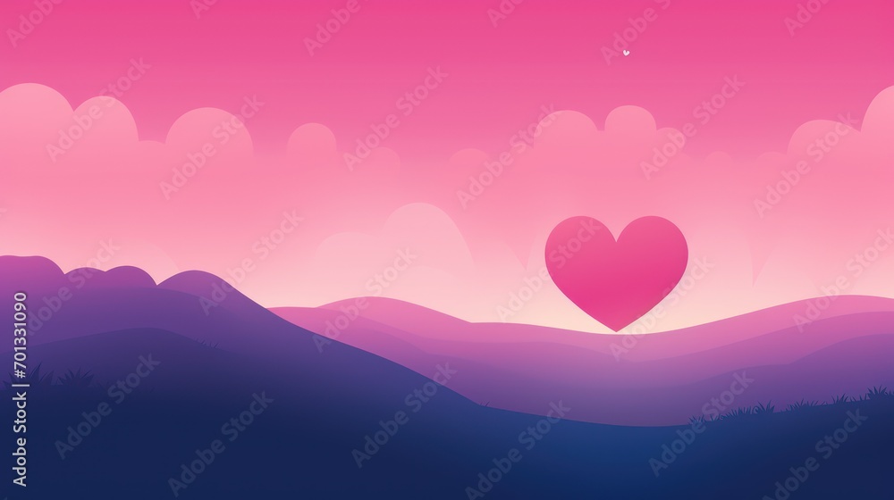 Poster a pink and blue background with a heart in the middle of the image with mountains in the background 