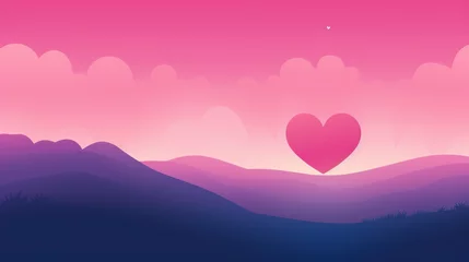 Foto op Canvas  a pink and blue background with a heart in the middle of the image with mountains in the background and a pink sky in the background. © Oleg