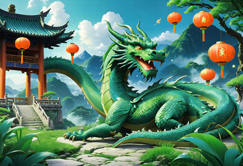 Green Dragon oriental holiday new year symbol 