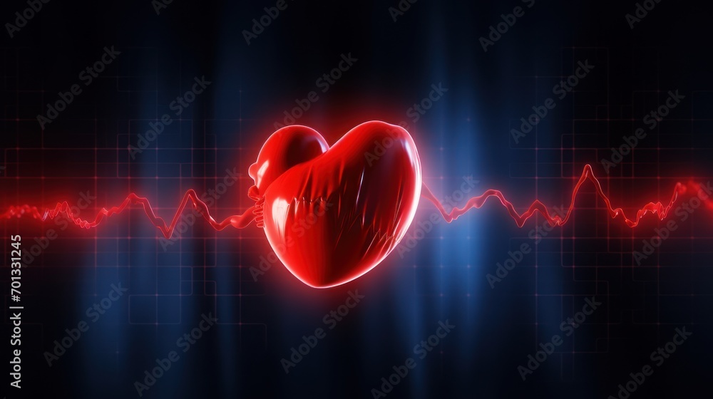 Poster a red heart on a black background with a line of ecg and a red heart on the right side of the image.