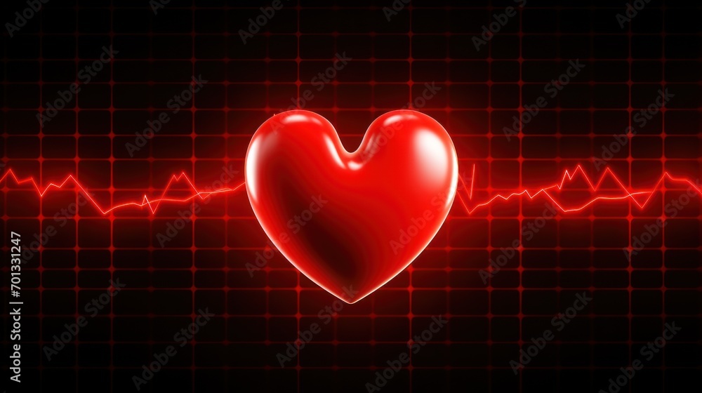 Poster a red heart on a black background with a line of ecg in the shape of a heart and a line of ecg in th