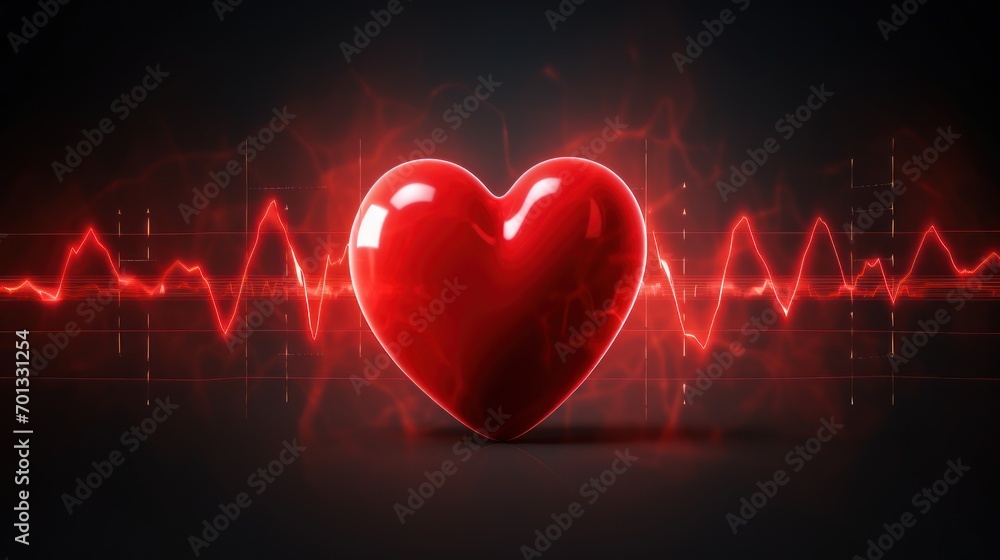 Poster a red heart on a black background with a line of ecg lines in the foreground and a red heart in the 