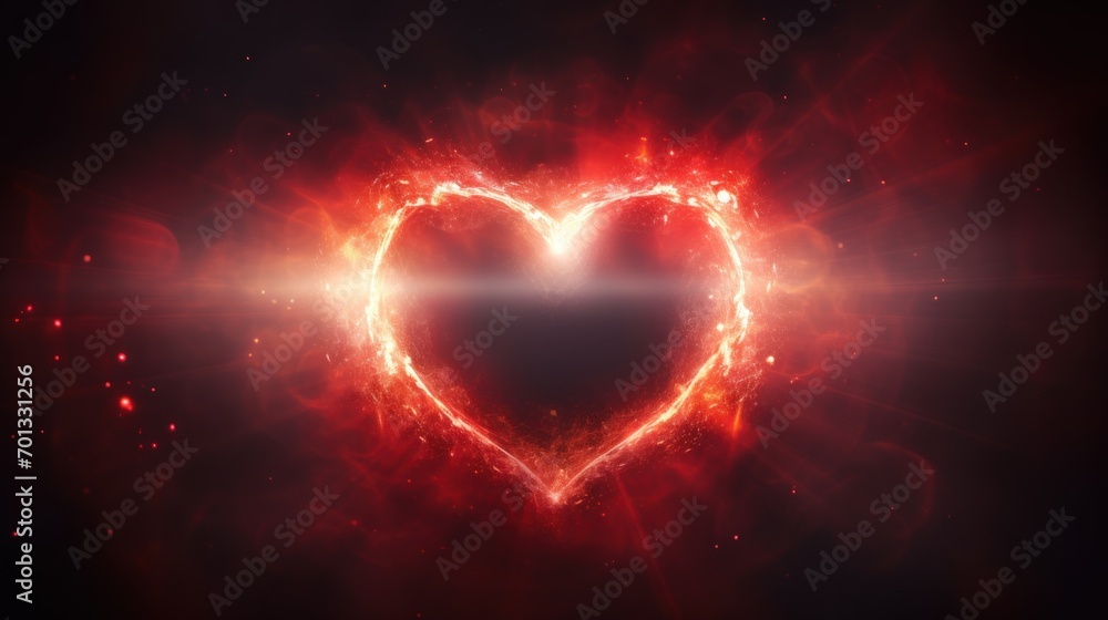 Poster a heart shaped object in the middle of a dark background with red and yellow light coming out of the