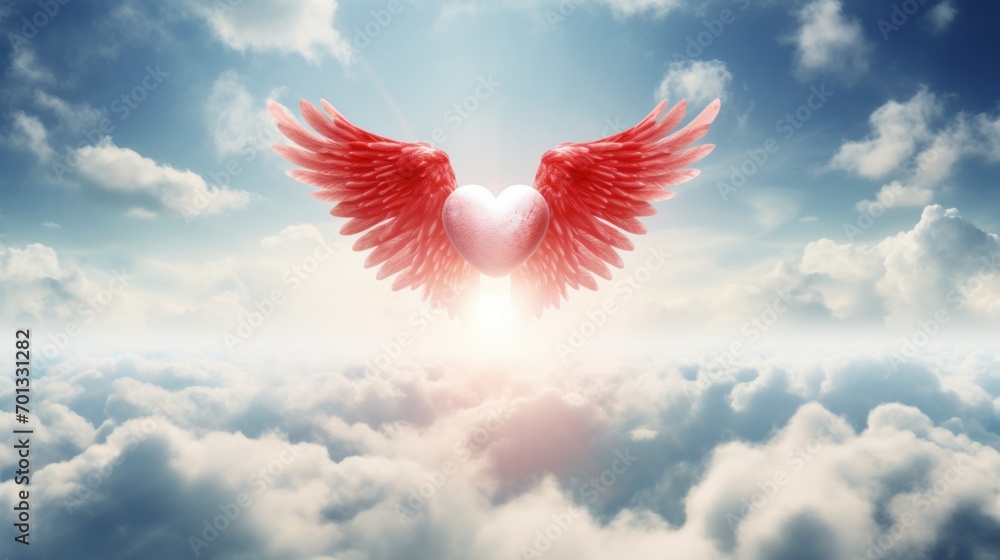 Poster an image of a heart with wings floating in the air above the clouds with the sun shining through the